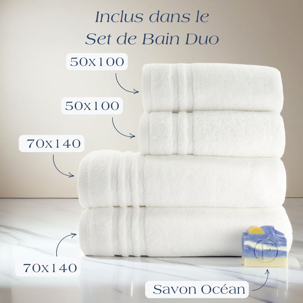 Set de Bain Duo Signature Océan Blanc Écume FLAMARDA en coton peigné