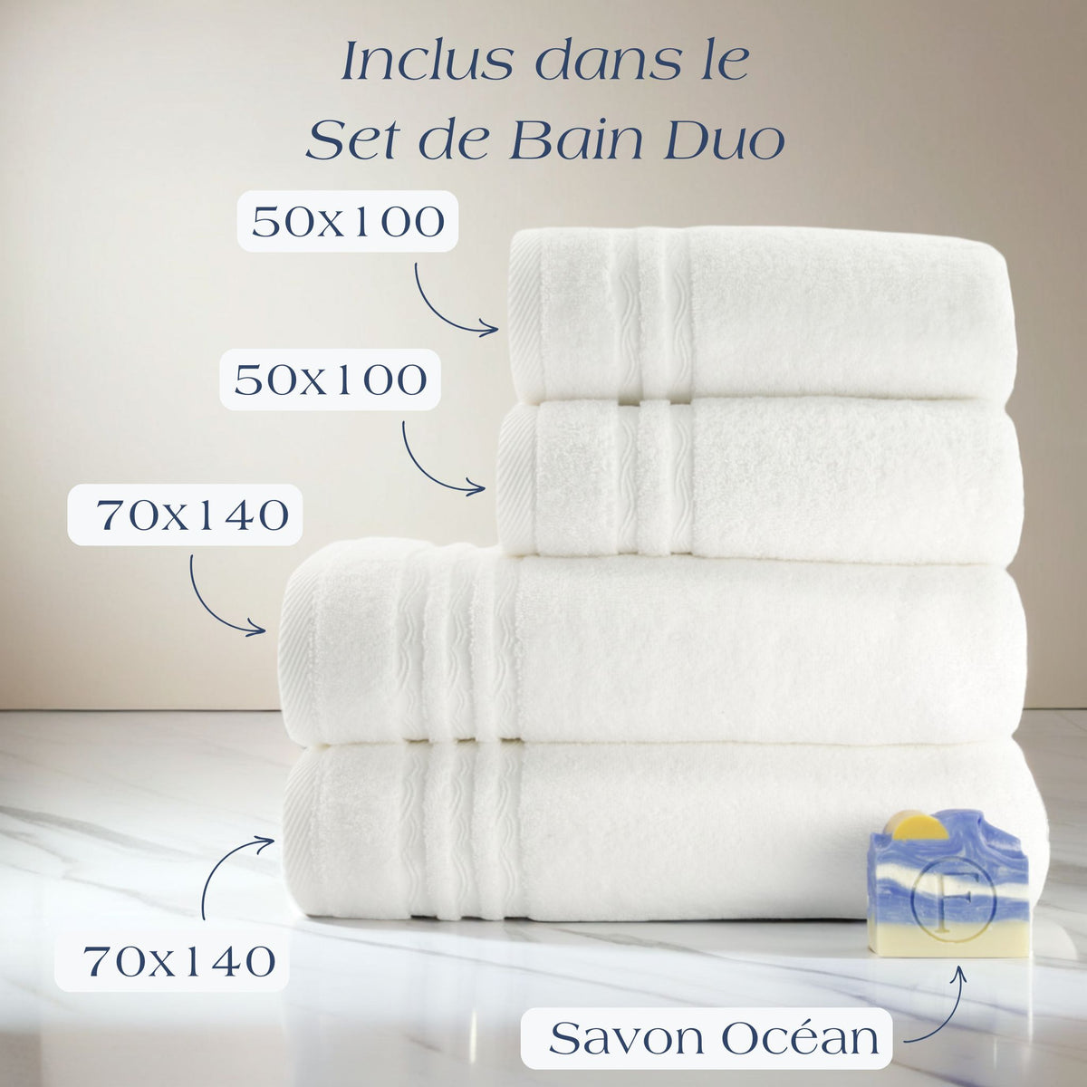 Set de Bain Duo Signature Océan Blanc Écume FLAMARDA en coton peigné