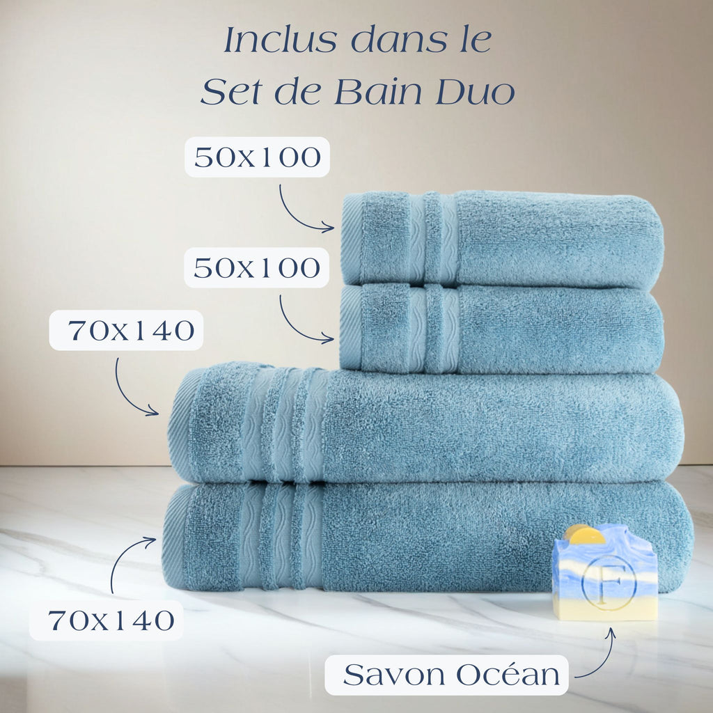 Set de Bain Duo Signature Océan Bleu Horizon FLAMARDA en coton peigné