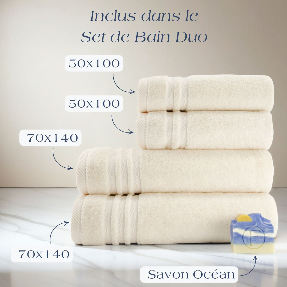 Set de Bain Duo Signature Océan Sable Naturel FLAMARDA en coton peigné