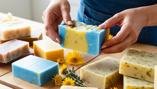 Savons FLAMARDA colorés découpés à la main par un artisan, illustrant le savoir-faire portugais et la fabrication locale haut de gamme