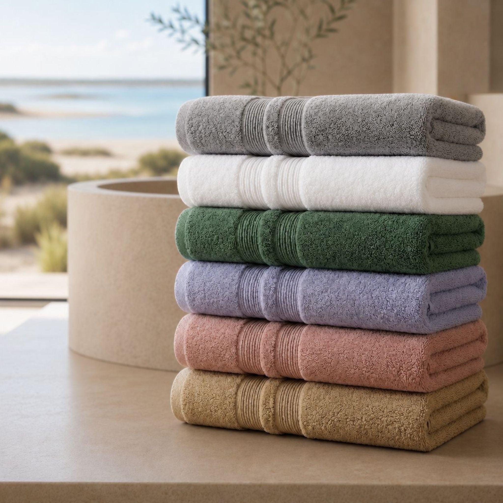 Serviettes de bain haut de gamme Collection Sérénité Lagune en six coloris, 100 % coton peigné, présentées dans une salle de bain avec vue sur l’océan portugais