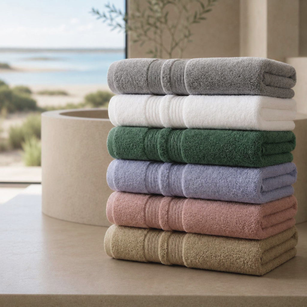 Serviettes de bain Collection Sérénité Lagune FLAMARDA disponibles en six coloris, 100 % coton peigné 650 g/m² confectionné au Portugal