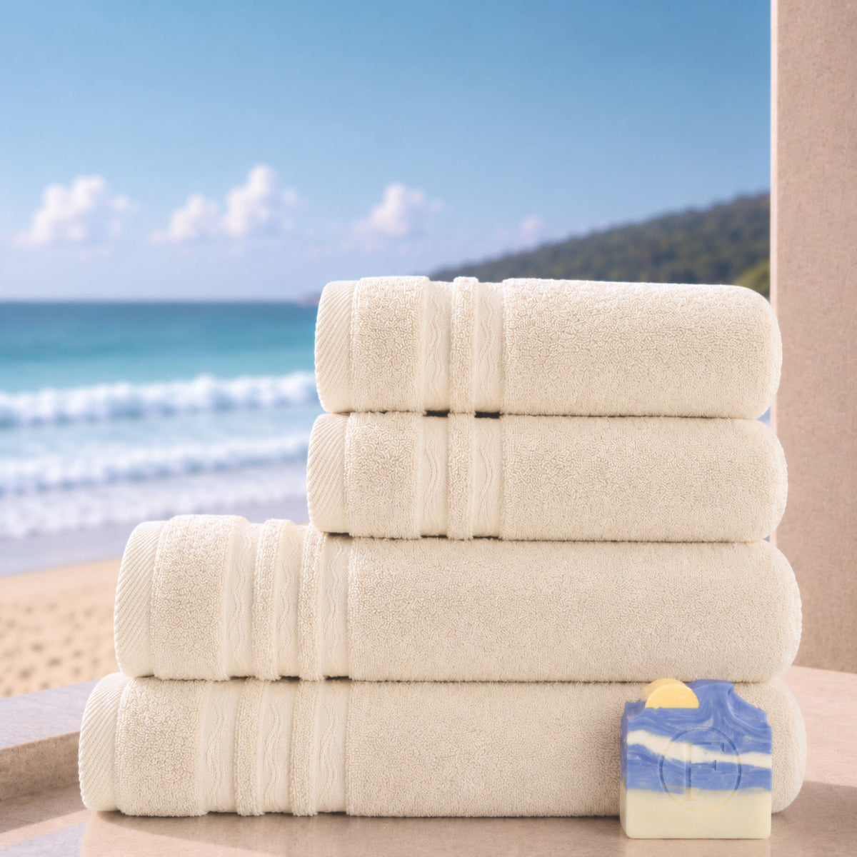 Set de Bain Duo Signature Océan Sable Naturel FLAMARDA avec deux draps de bain 70x140cm, deux serviettes de toilette 50x100cm et un savon artisanal Océan.