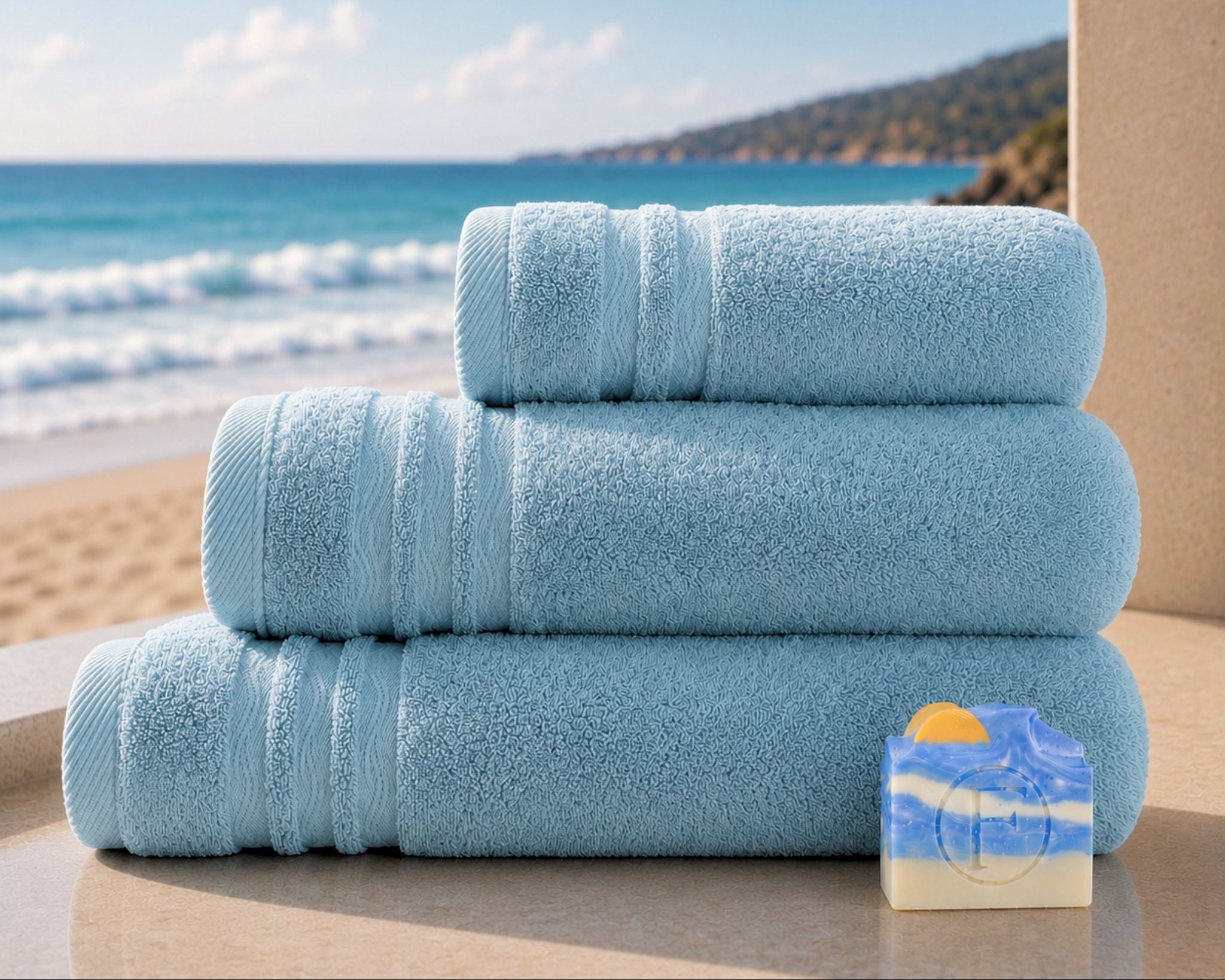 Set de Bain Essentiel Signature Océan Bleu Horizon FLAMARDA avec un grand drap de bain 100x150cm, un drap de bain 70x140cm, une serviette de toilette 50x100cm et un savon artisanal Océan.