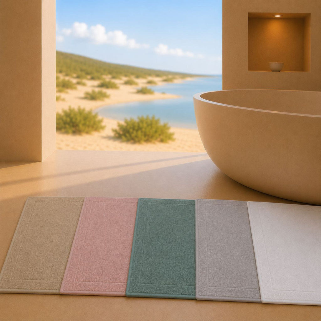 Les cinq coloris du Tapis de Bain Sérénité Lagune 50x80cm présentés ensemble : Sable Doré, Rose Blush, Vert Tropique, Gris Orage et Blanc Perlé dans une salle de bain inspirée du littoral portugais