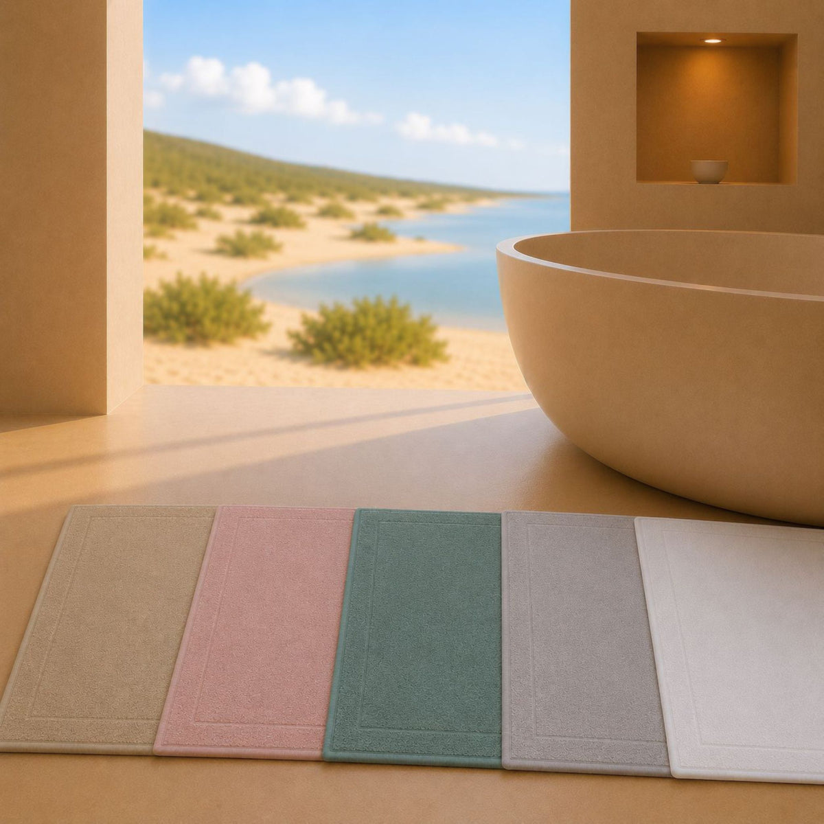 Les cinq coloris du Tapis de Bain Sérénité Lagune 50x80cm présentés ensemble : Sable Doré, Rose Blush, Vert Tropique, Gris Orage et Blanc Perlé dans une salle de bain inspirée du littoral portugais