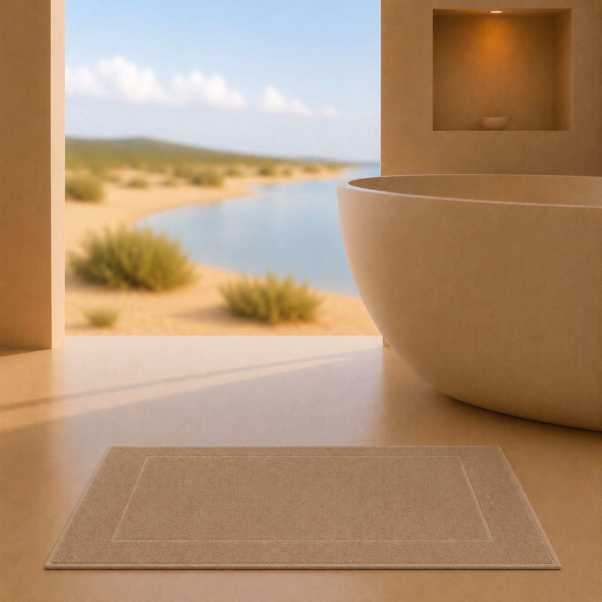Tapis de Bain Sérénité Lagune Sable Doré 50x80cm dans une salle de bain lumineuse avec vue sur les dunes et le littoral portugais Image