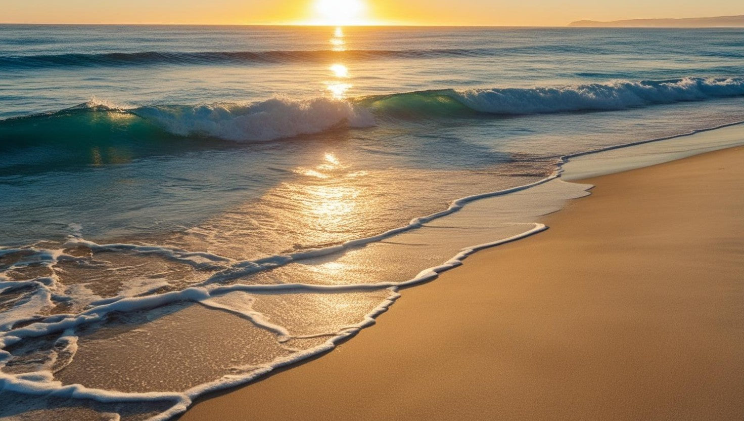 Plage dorée au coucher du soleil, symbolisant le design artistique et océanique du savon FLAMARDA inspiré des vagues portugaises